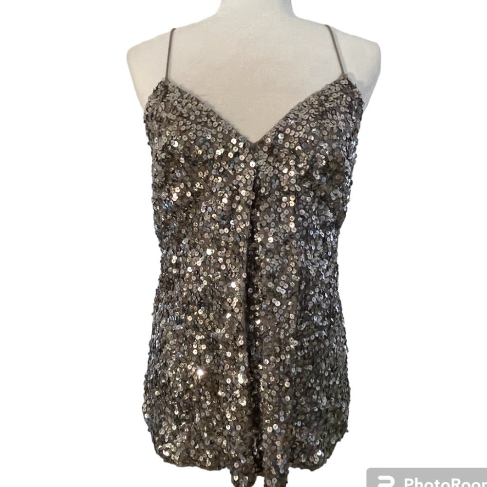 VINCE Silver Distressed Sequin V Neck Spaghetti Strap Cami Tank